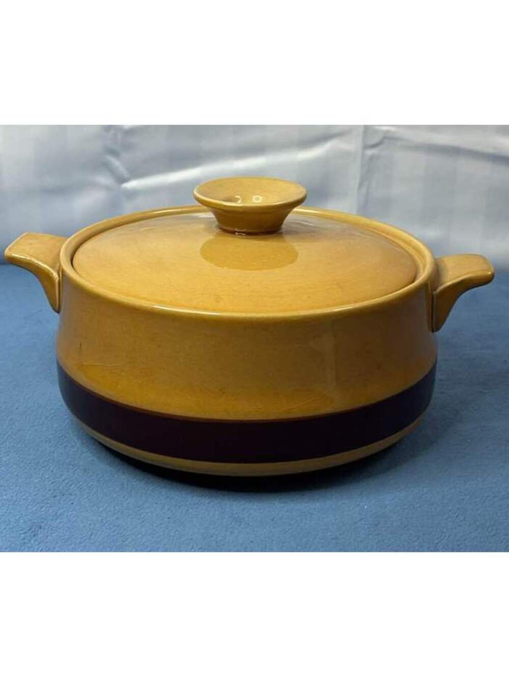 Vintage Mustard Yellow and Brown Stoneware Covered Casserole Dish